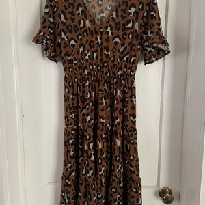 Boutique Betsy Leopard Print V-Neck Dress, flutter sleeve midi length